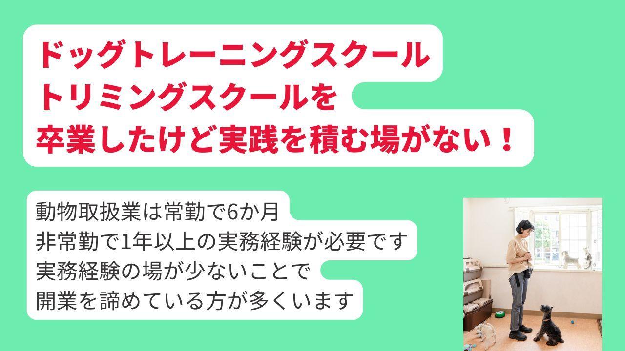 ドッグトレーニングスクール、トリミングスクールを卒業したけれど、実務経験を積む場がなくて困っている方向けの支援システム。動物取扱業取得のためには、保管、訓練の種目を持っている店舗での実務経験が必要になります。常勤で６か月、非常勤で約一年の実務が必要になります